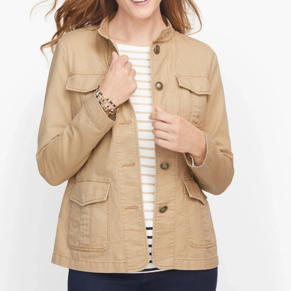 Talbots Petite Band Collar Jacket Size Lp Beige Button Front